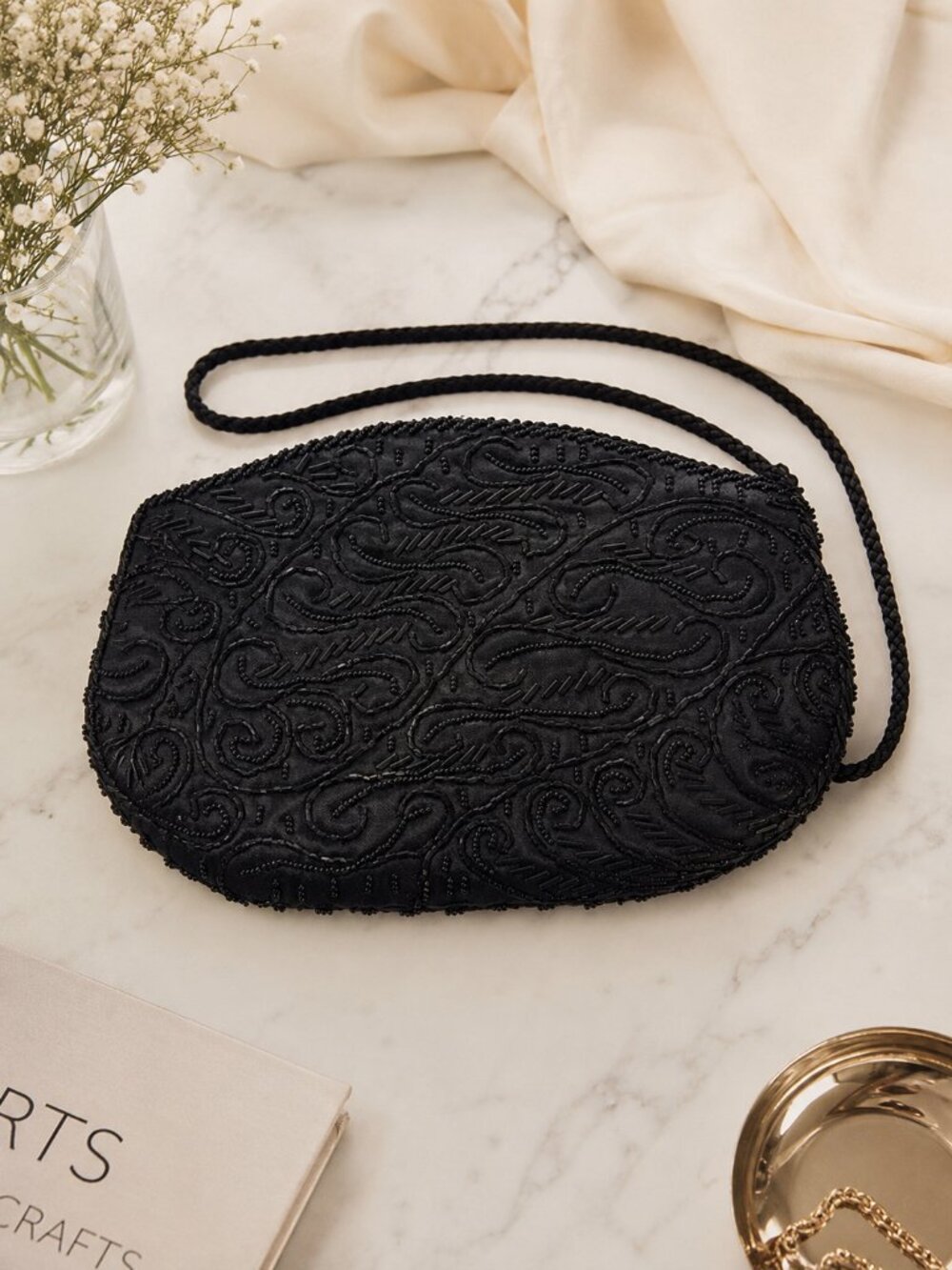 Vintage Black Beaded Evening Bag Purse Shoulder Bag Formal Occasion Cocktail Han
